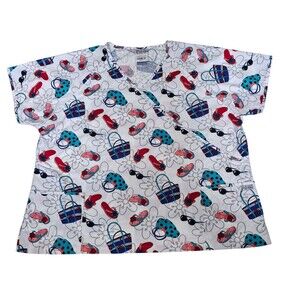 UA Scrubs 3XL Scrub Top Nurse Beach Party White Flowers Bags Medical Flip-flops